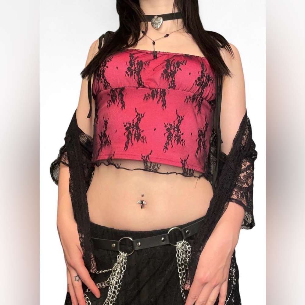 black and hot pink emo scene lace tie top